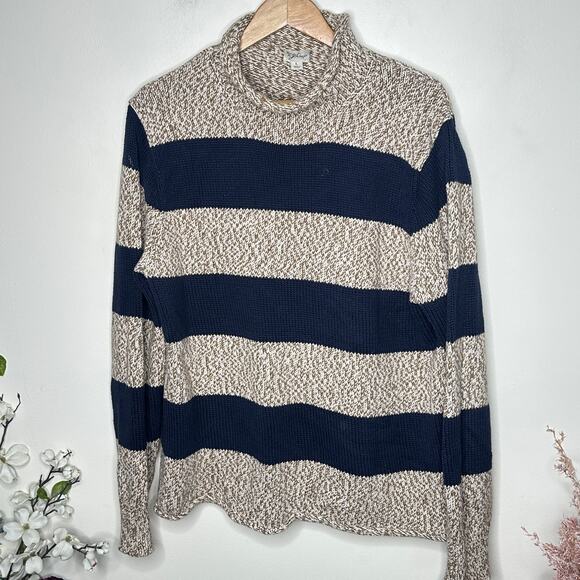 J. CREW Marled Cotton Rollneck Sweater Rugby Stripe Navy Cream Sz L $138 {H13} - Picture 2 of 6